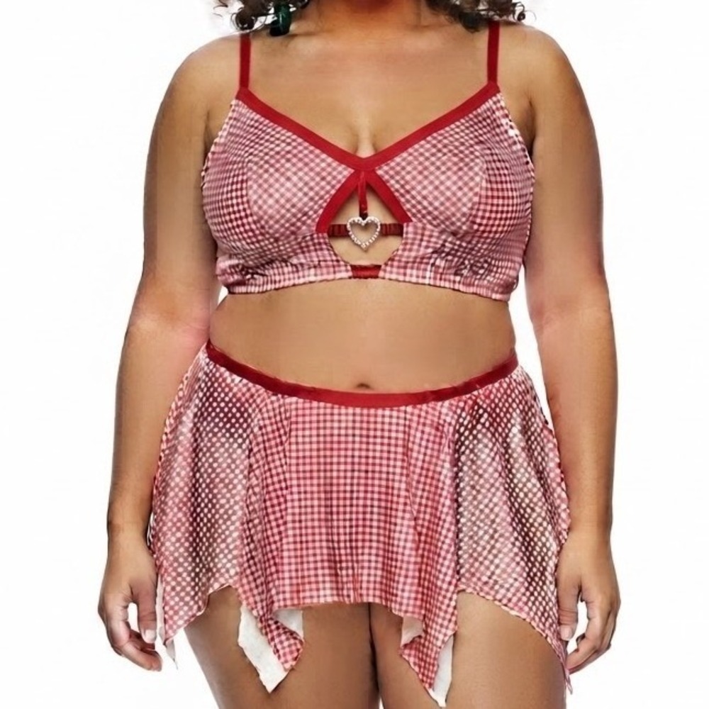 Plus Size 4XL Red White Gingham Lingerie Set Bralette Skirt Heart Coquette Sexy